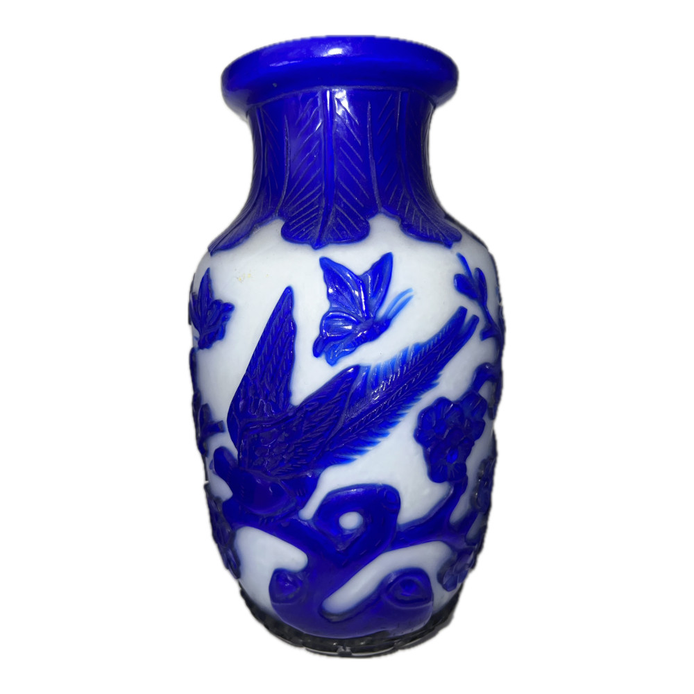 Beijing Peking Glass blue & White Carved Overlay Vase