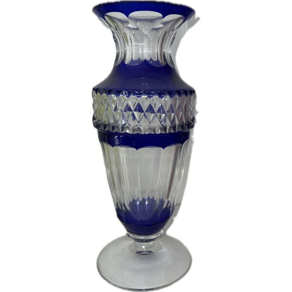 Val St. Lambert: vase model 'Gary' in cobalt blue and white doubled cut crystal 1960's