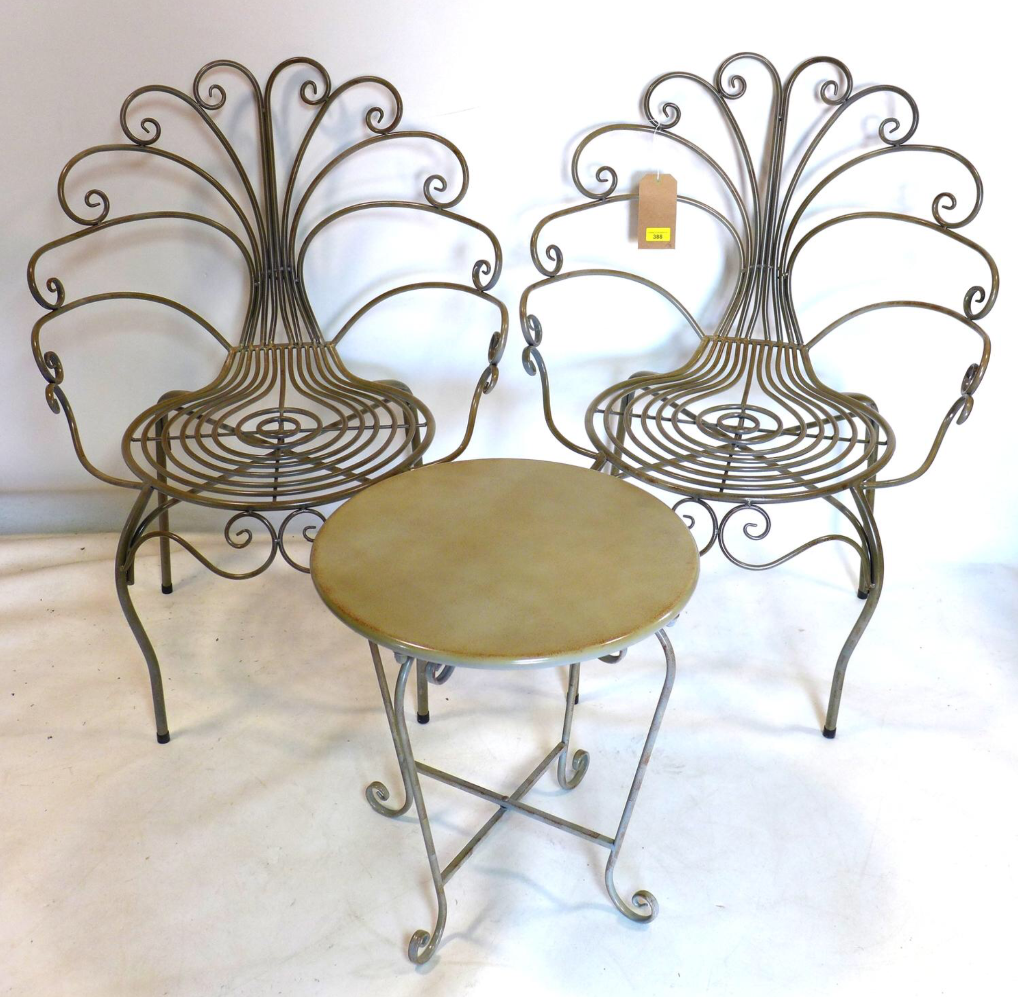 A Pair of Dorothy Draper Style Metal Peacock Patio Chairs with Metal Side Table. 1970's