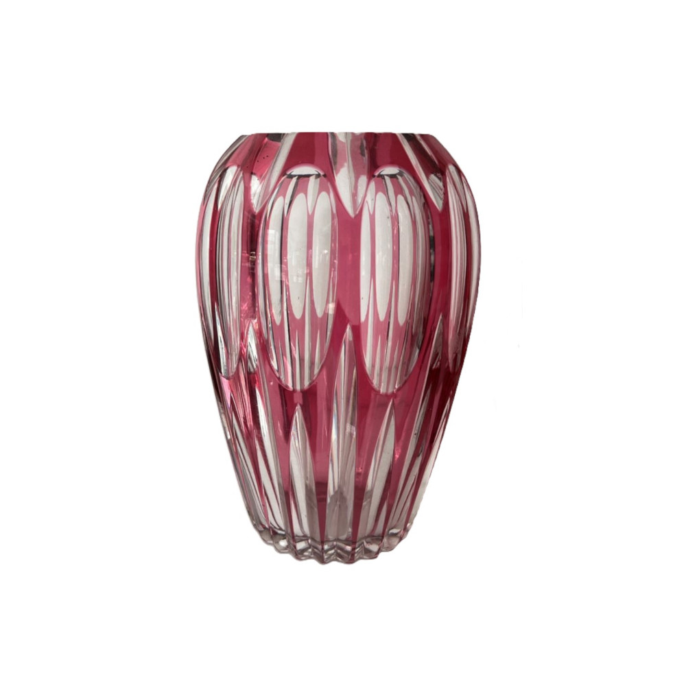 Vintage Val St. Lambert Style Cranberry Cut to Clear Vase, 1970's