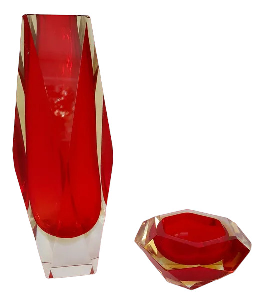 Murano Sommerso Vase and Ashtray, 1970s, Set of 2