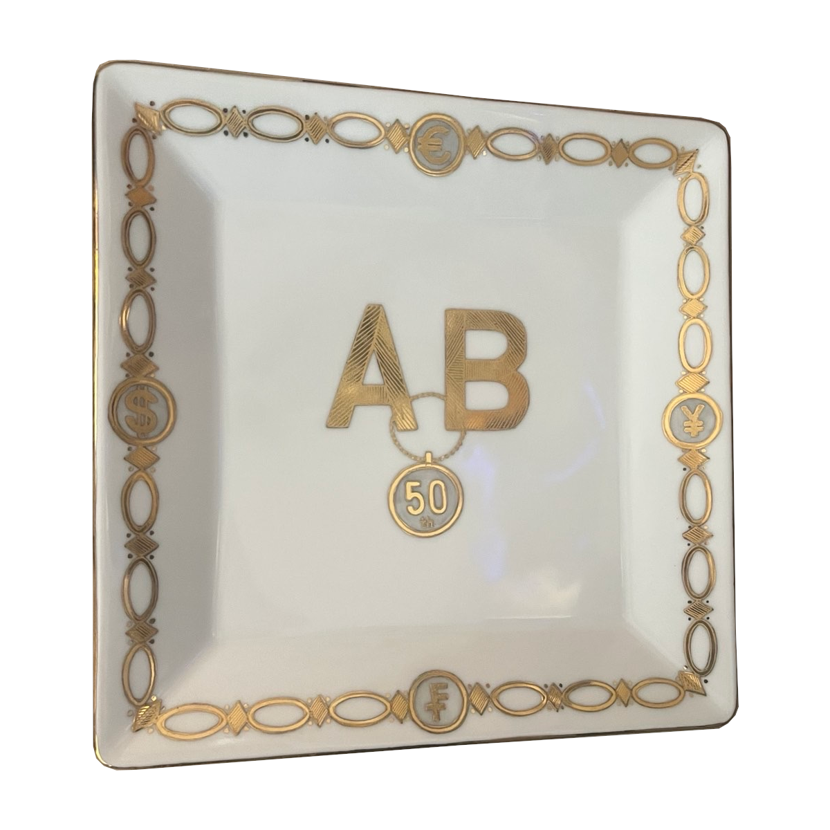 Vide-Poche Hand Painted 22ct Gold Monograms 21x21cm
