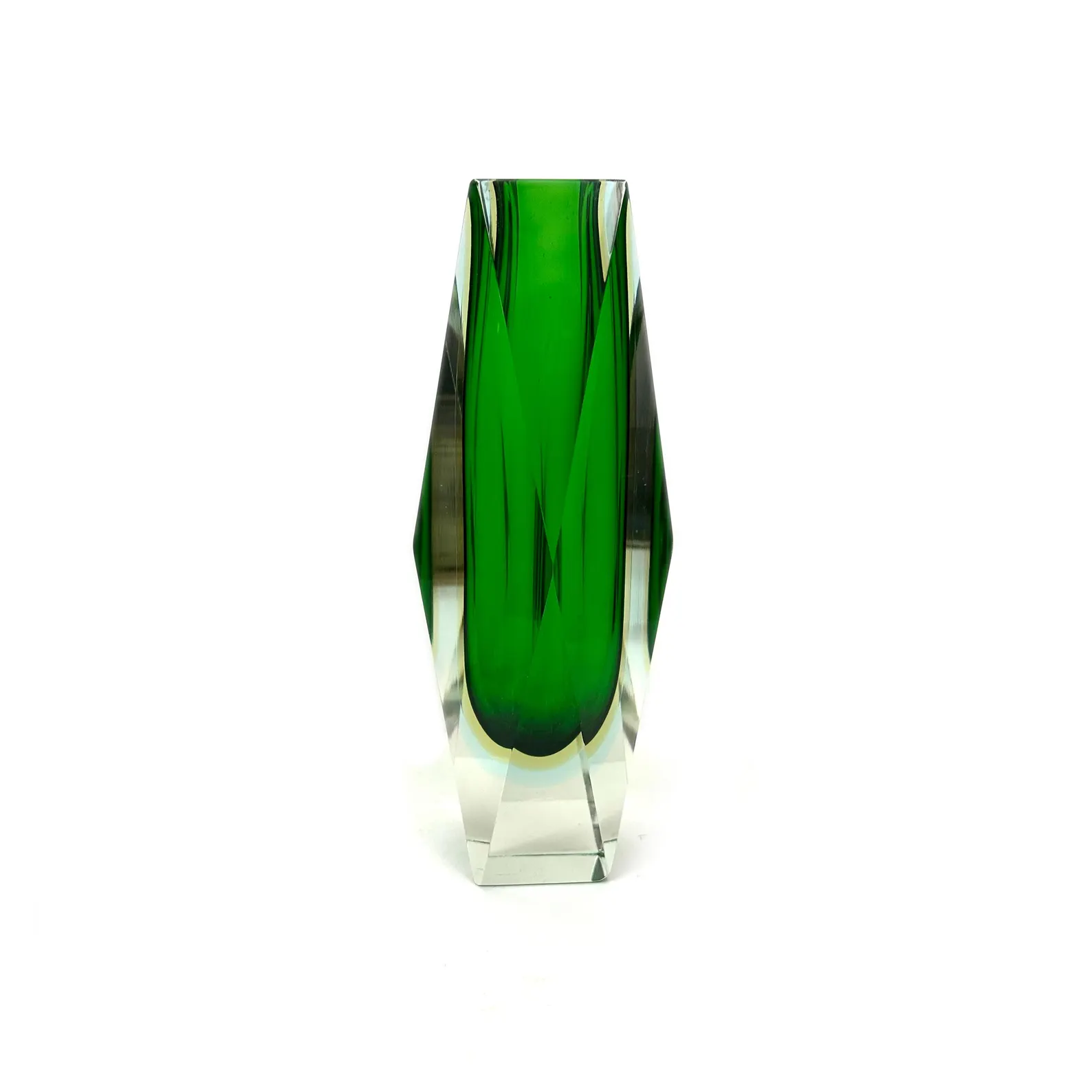 Large Murano Sommerso Green, Yellow, Light Blue and Clear Faceted Glass Vase. 1960's