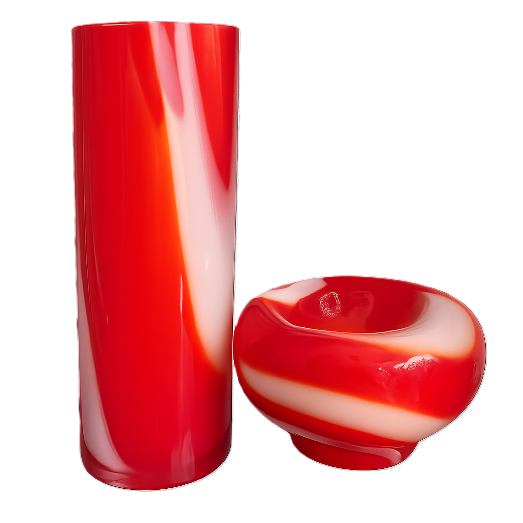 Art Glass Vase & Bowl Set – Red & White Swirl 1970's