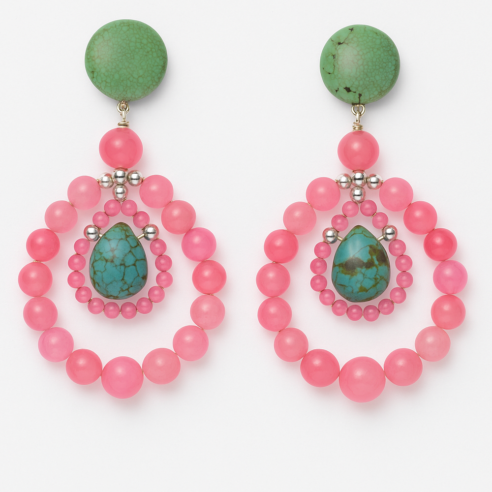 Handcrafted Pink Agate Beads and Natural Turquoise Drops Resort Earrings