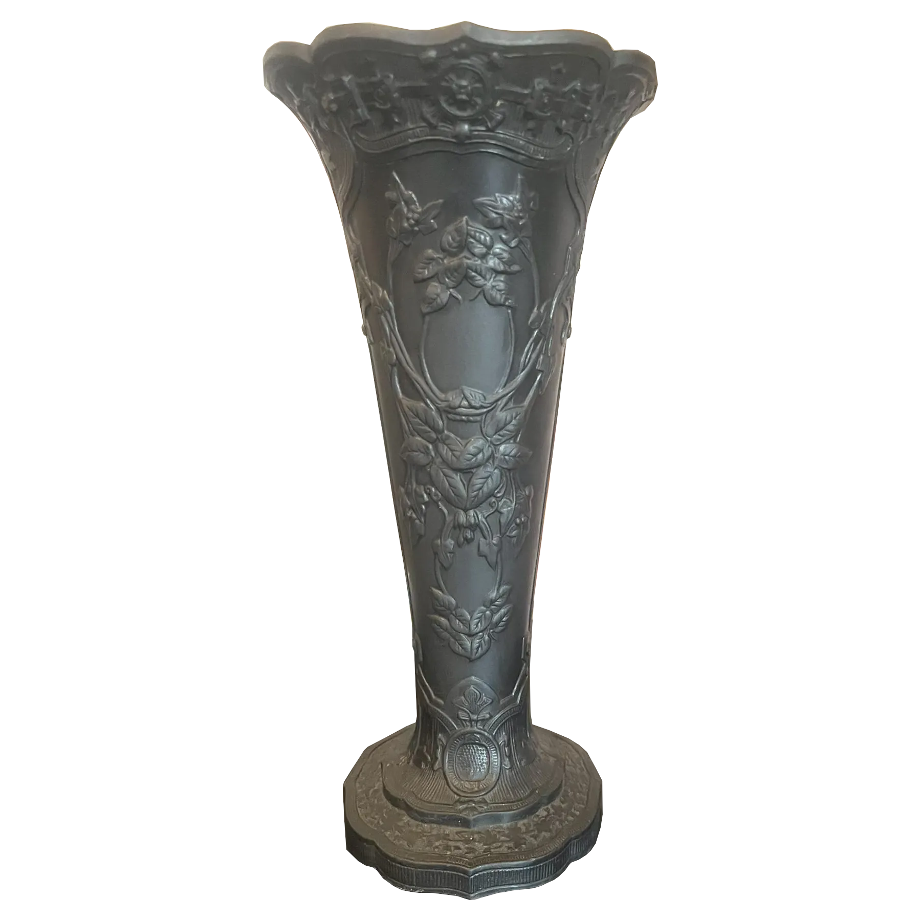 19th Century Wedgwood Black Basalt Trumpet Vase – Floral & Vine Relief