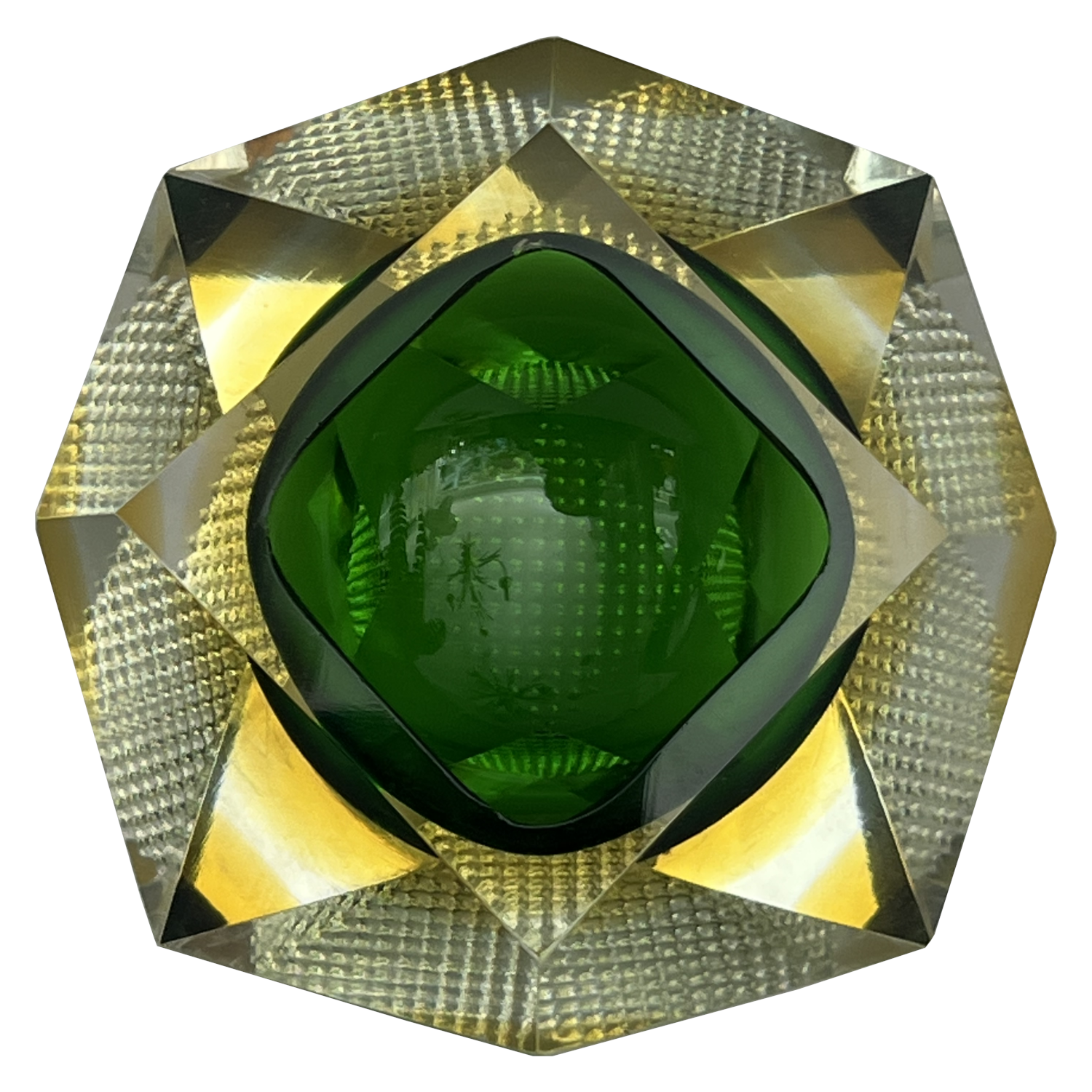 Vintage Murano Faceted Sommerso “Geode” Bowl — Emerald Green & Amber, Mandruzzato Style