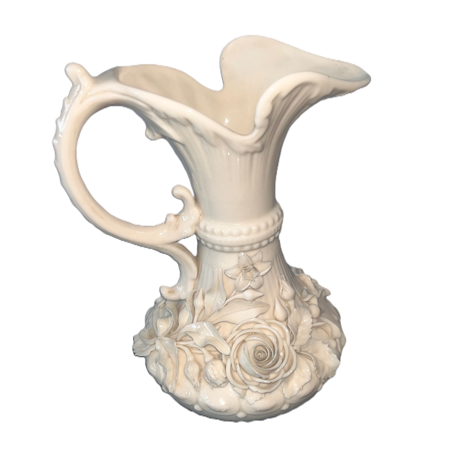Belleek Ceramic Ewer with Floral Relief (Second Period Black Mark 1891–1926)