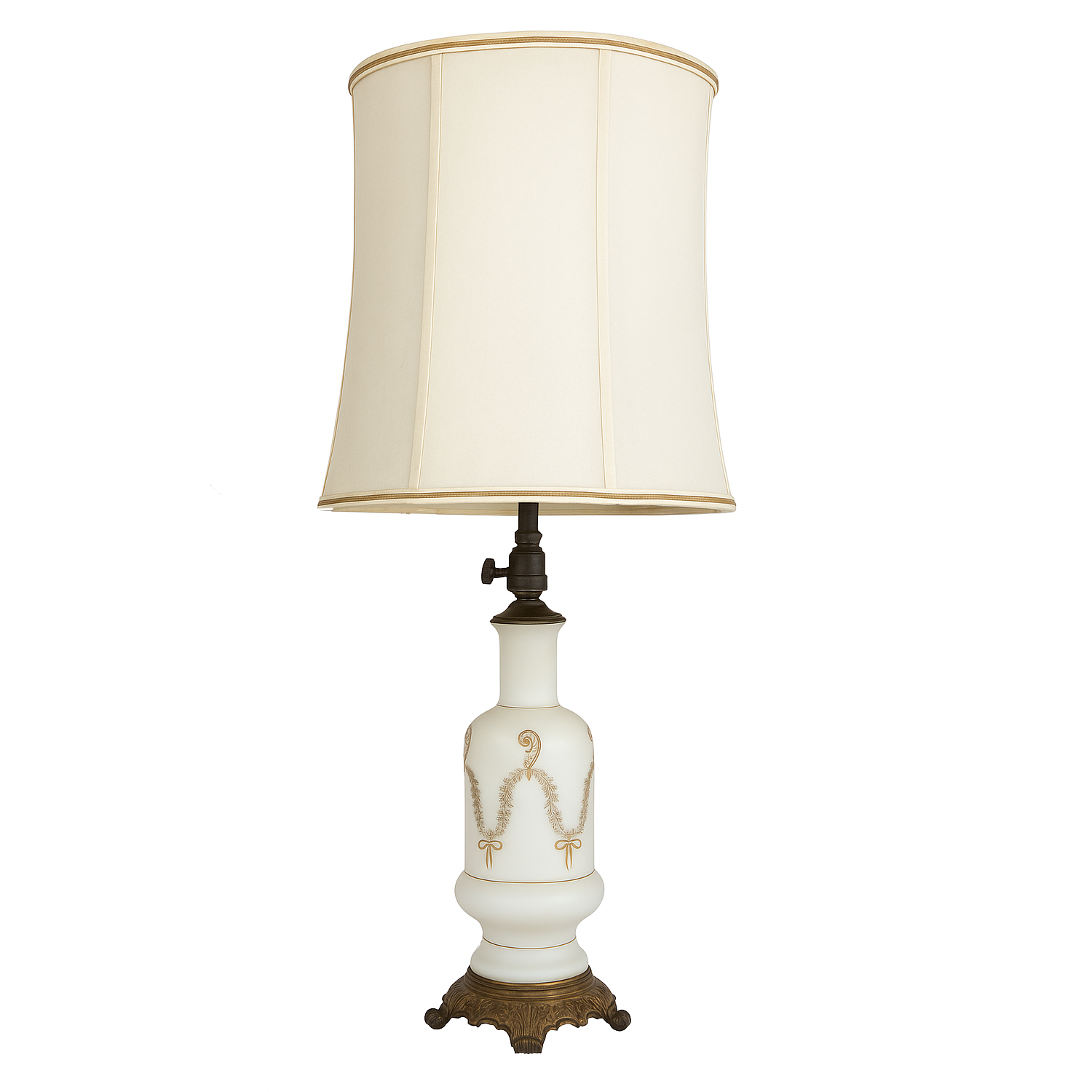 Vintage French Opaline Glass Table Lamp with Gilded Laurel Garlands