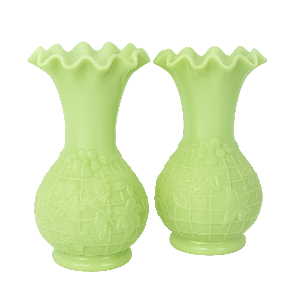 Pair of Pale Green Opaline Glass Vases with Embossed Grape Motif