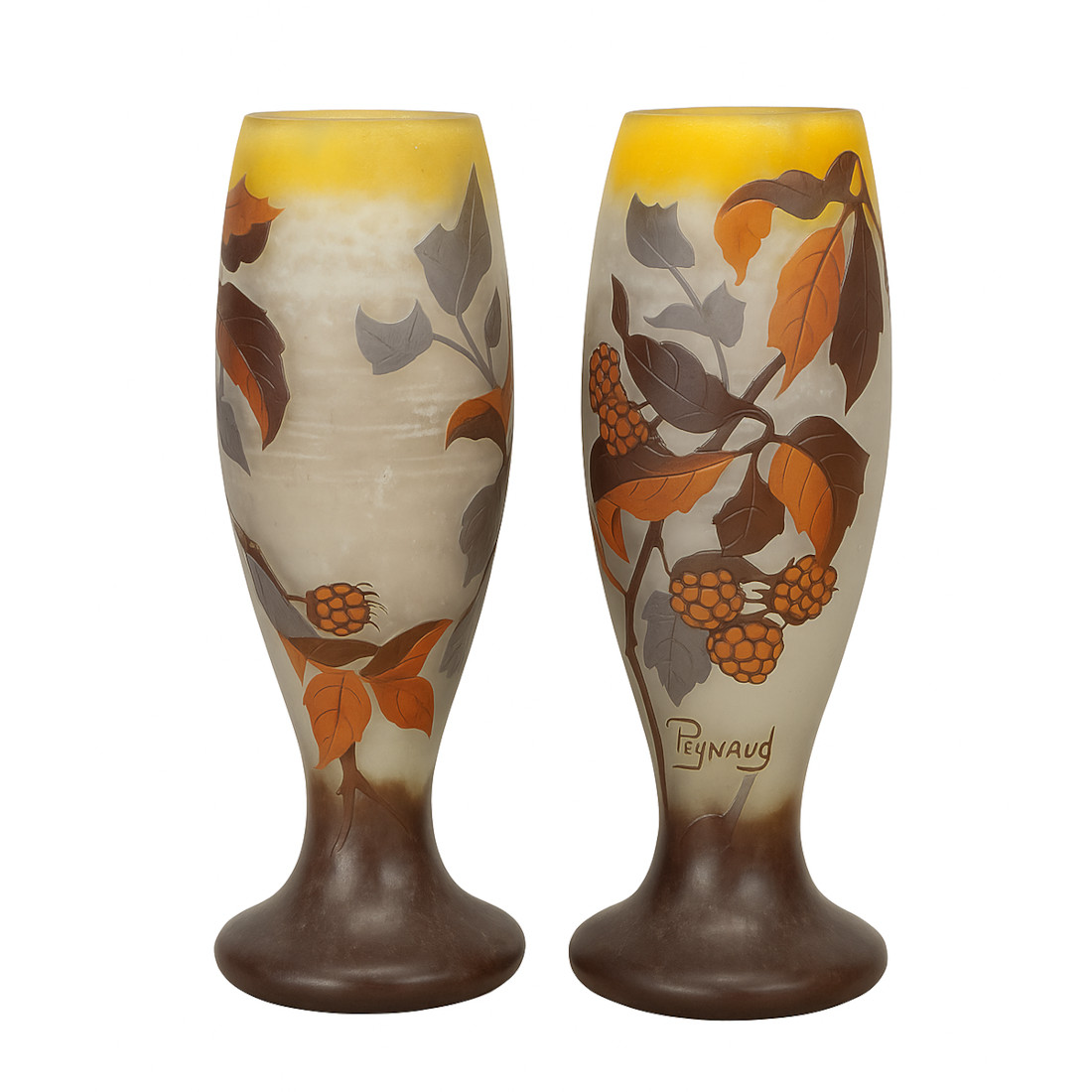 Pair of Jean-Simon Peynaud Cameo Glass Vases – Autumn Berry Motif