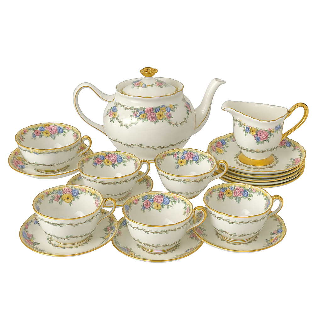 Paragon Fine Bone China Tea Set – 1933-34 Floral Garland with Gilt Accents