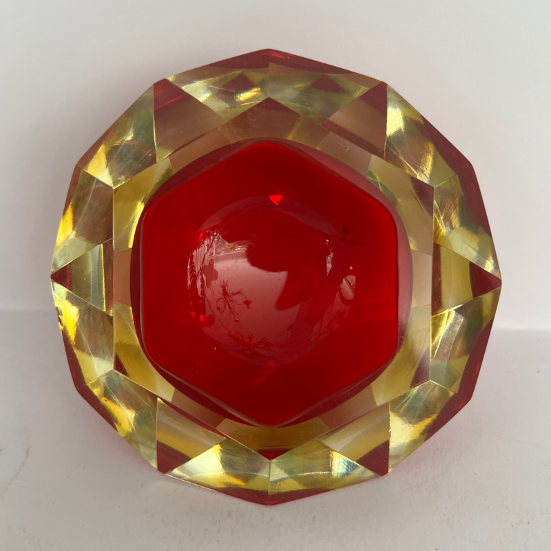 Murano Faceted Sommerso Glass Bowl – Red, Amber, and Clear Mid-Century Modern