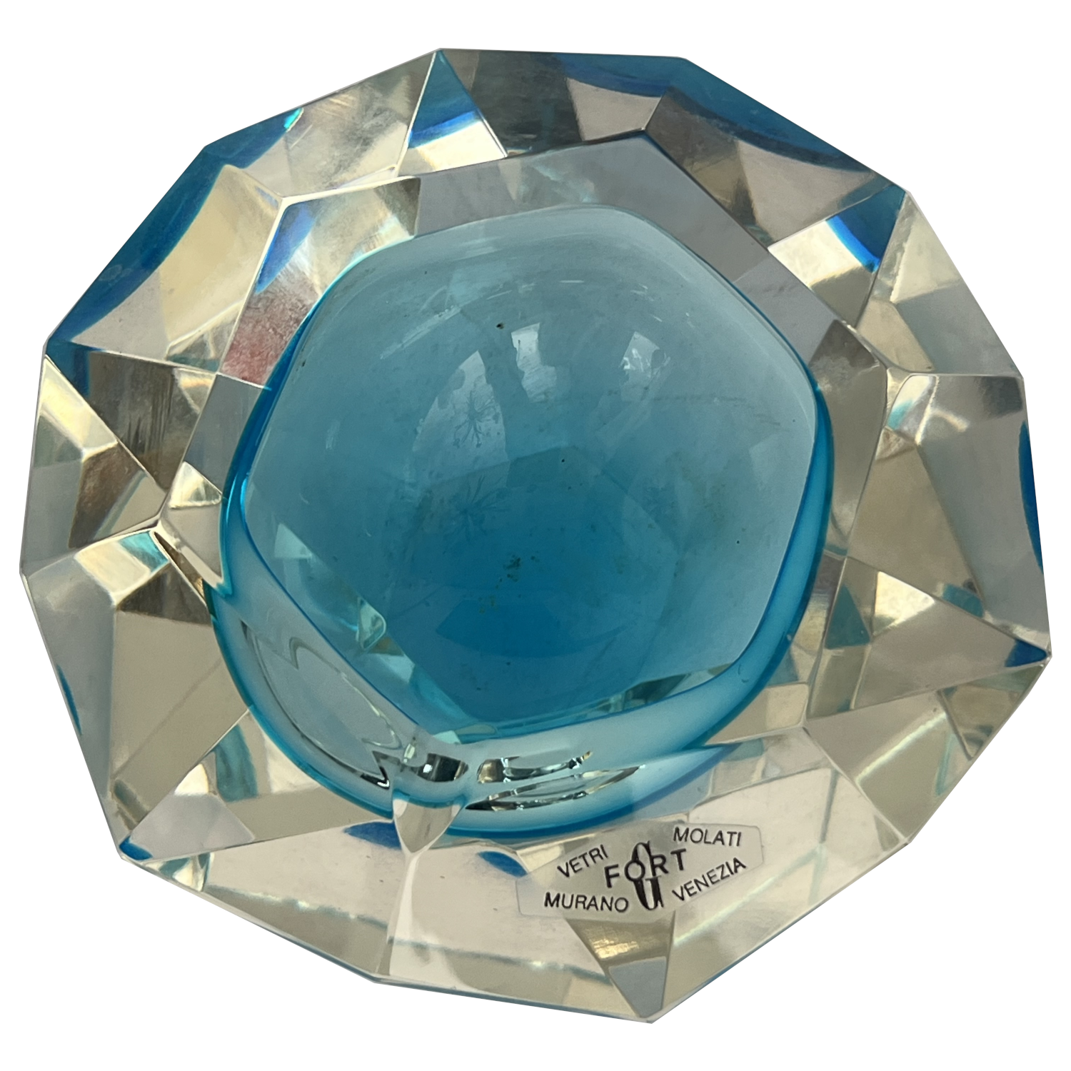 Vintage Gino Fort Vetri Molati Murano Faceted Sommerso “Geode” Bowl — Aqua Blue in Clear, c. 1960s