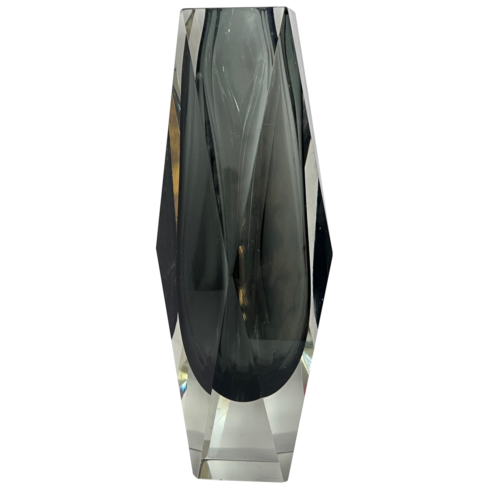 Large Murano Sommerso Faceted Vase, Smoky Grey with Clear, c. 1960s–70s