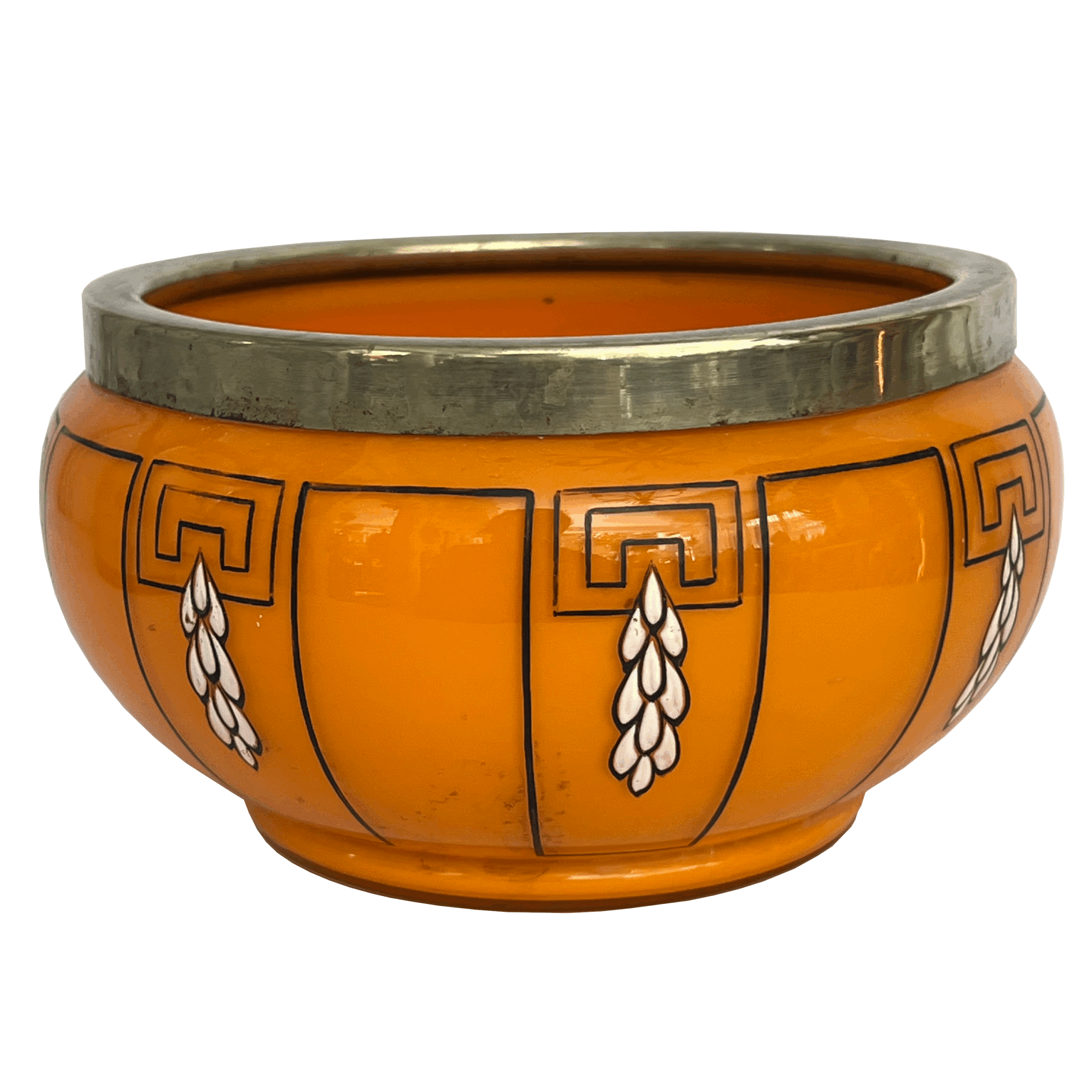 Art Deco Hand-Painted Orange Glass Bowl with Silver-Plated Brass Rim, c. 1900–1920
