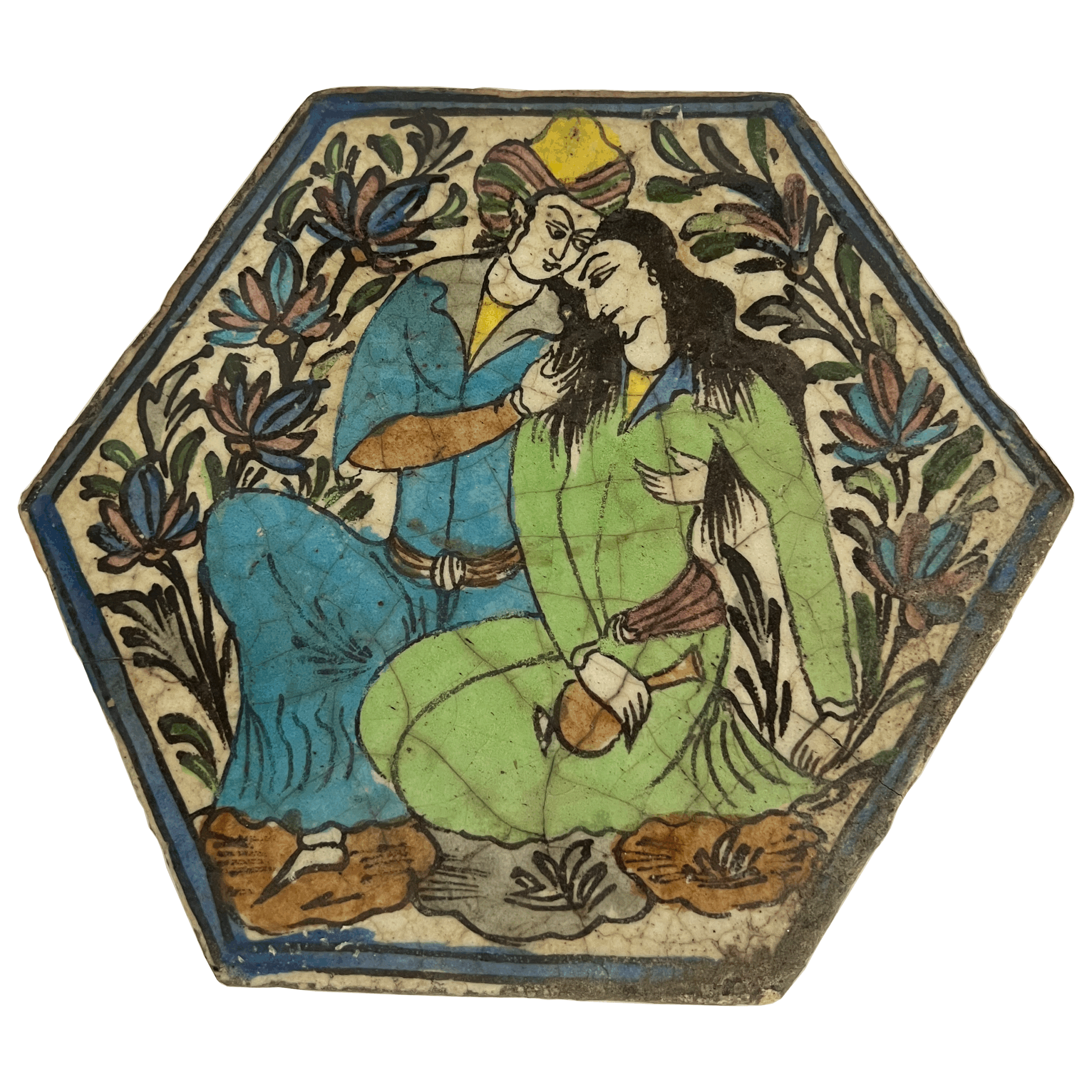 Qajar-Era Persian Hand-Painted Octagonal Ceramic Tile(19th Century)
