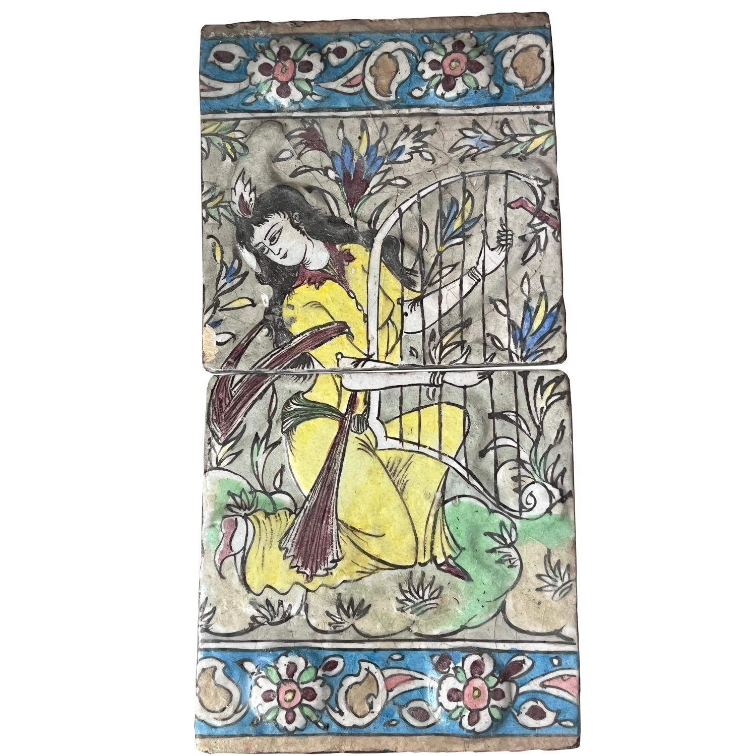 Qajar-Era Persian Hand-Painted Double-Tile Panel with Female Musician (19th Century)