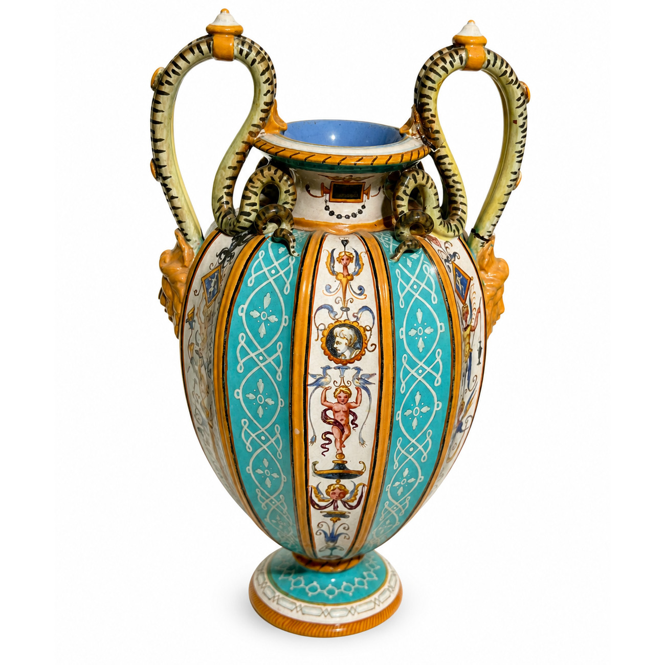 Decorative Renaissance-Style Majolica Amphora Vase. Early 20th century.