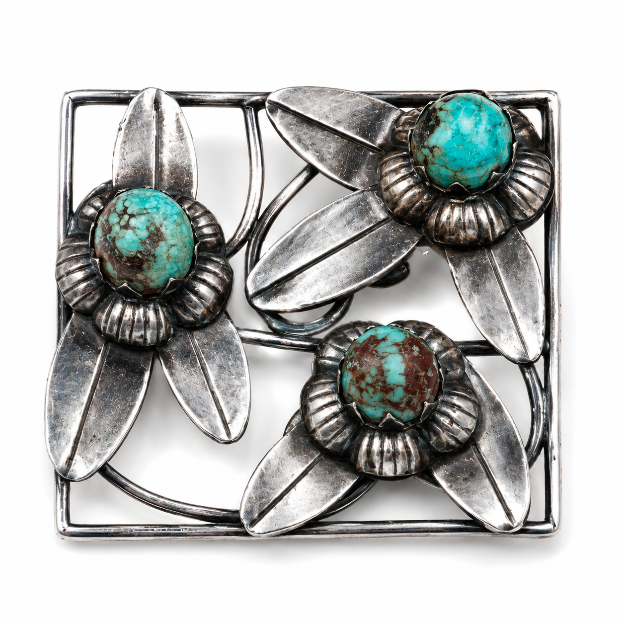 Vintage Taxco .980 Silver & Turquoise Floral Brooch