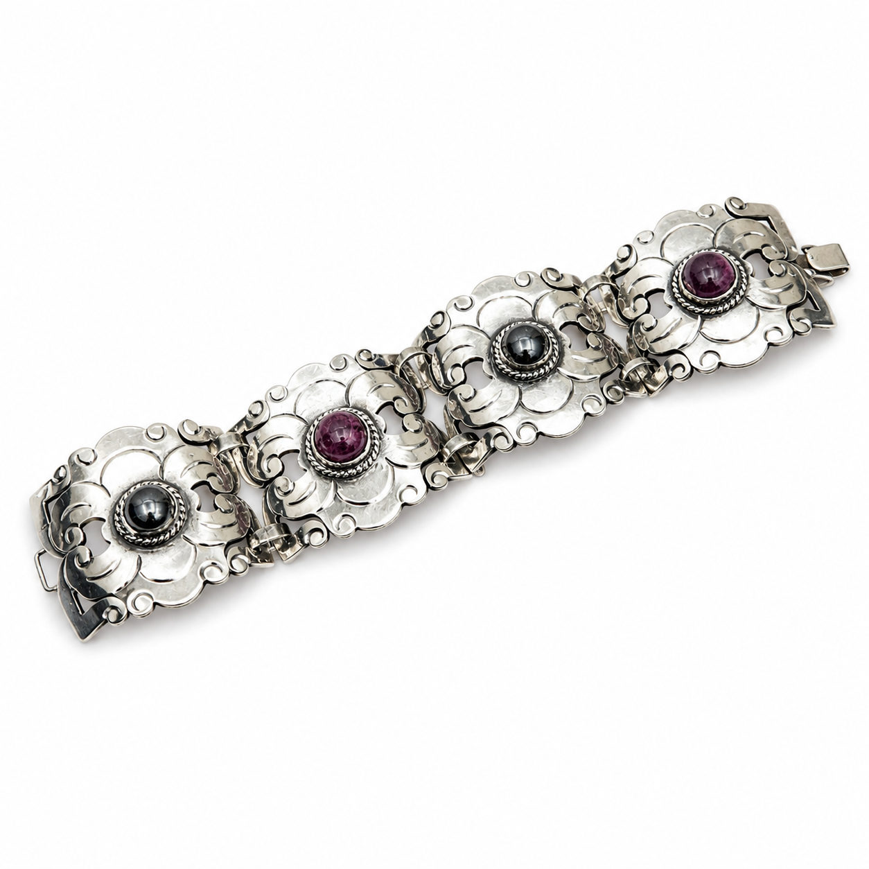 Vintage Mexican Silver Floral Link Bracelet with Amethyst Cabochon Stones – 1940's