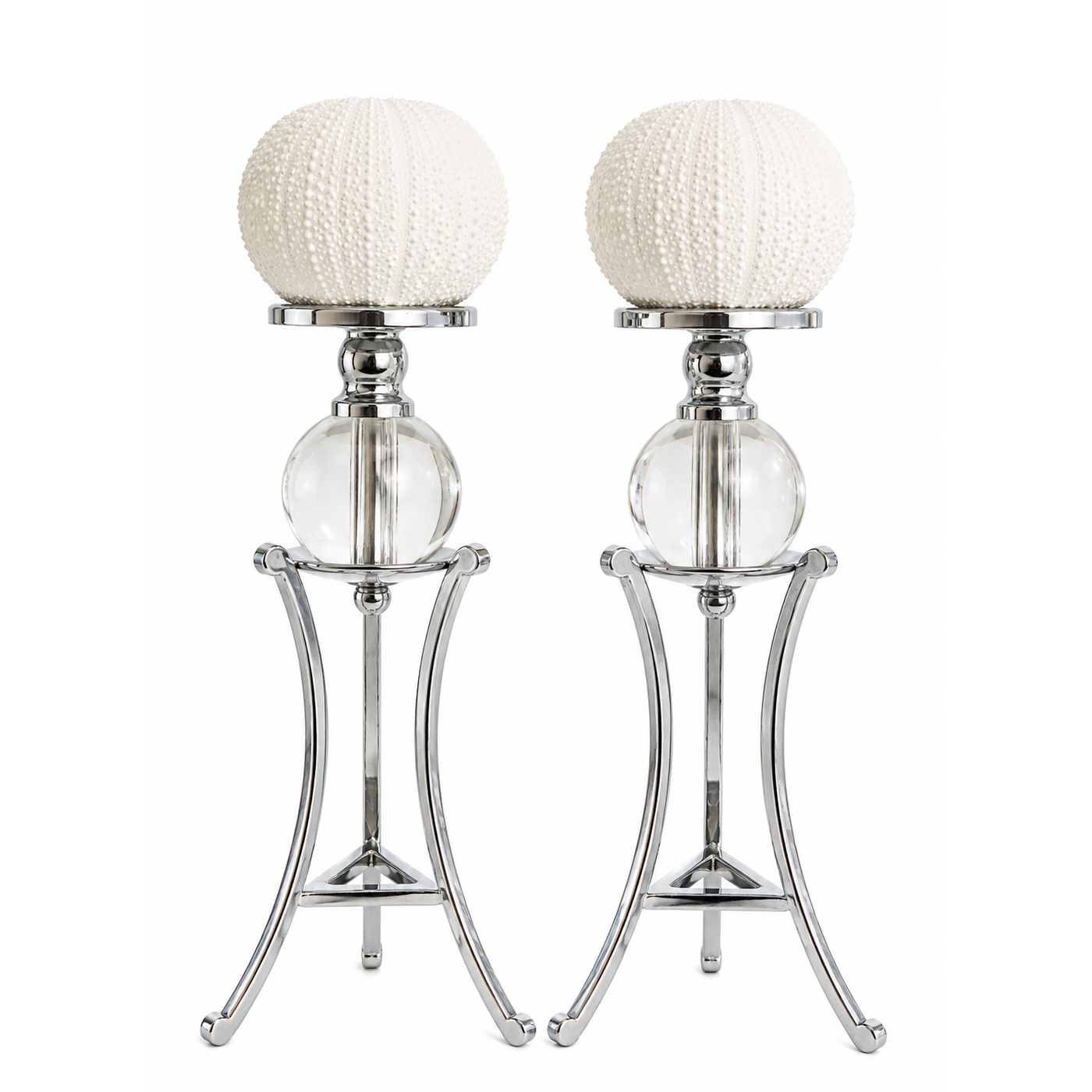 Pair of Vintage Sea Urchin Candle Holders on Chrome & Glass Stands, circa 1970s–1980s