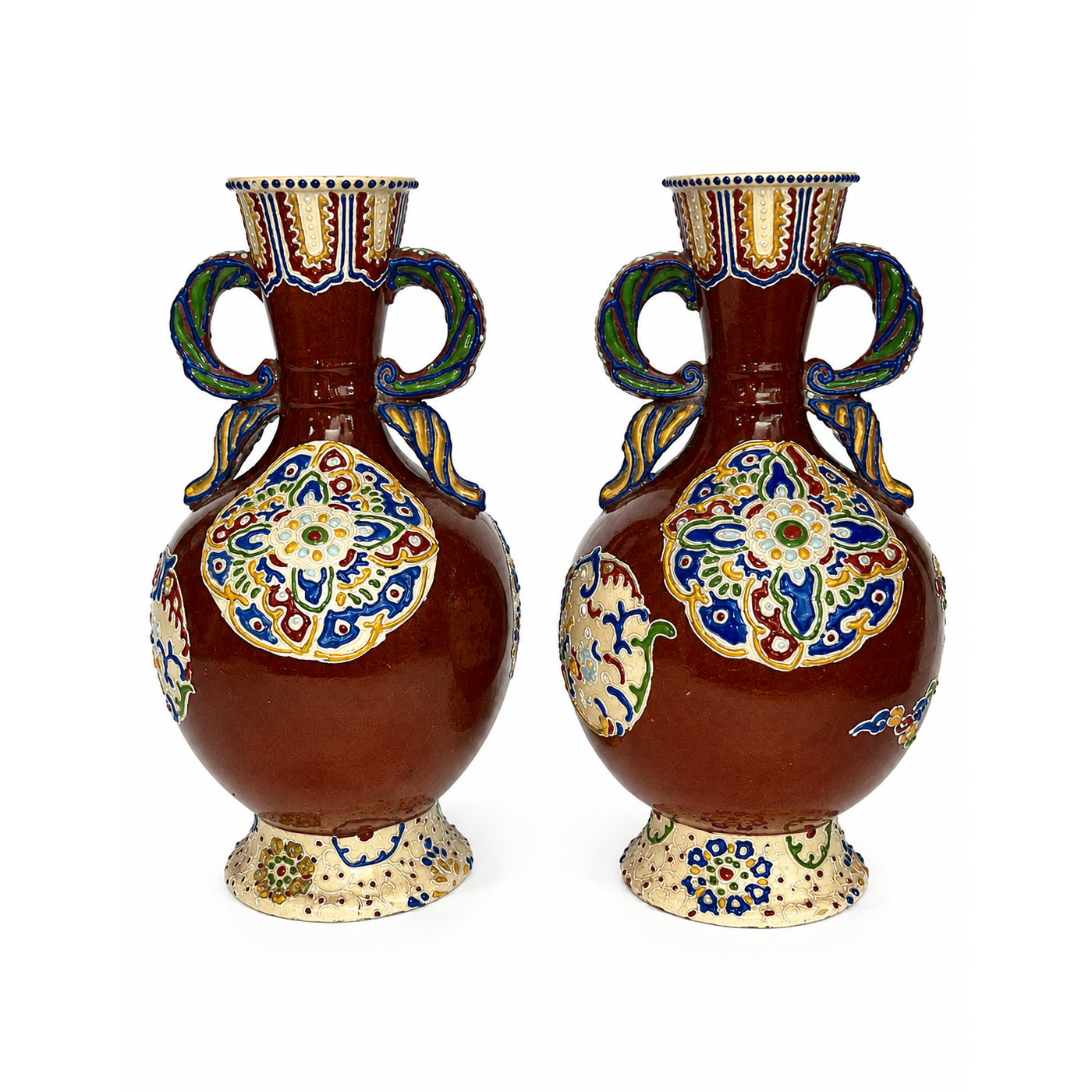 Pair of Antique Japanese Satsuma-Style Moriage Earthenware Twin-Handled Vases – Meiji/Taishō Period, c. 1900–1920
