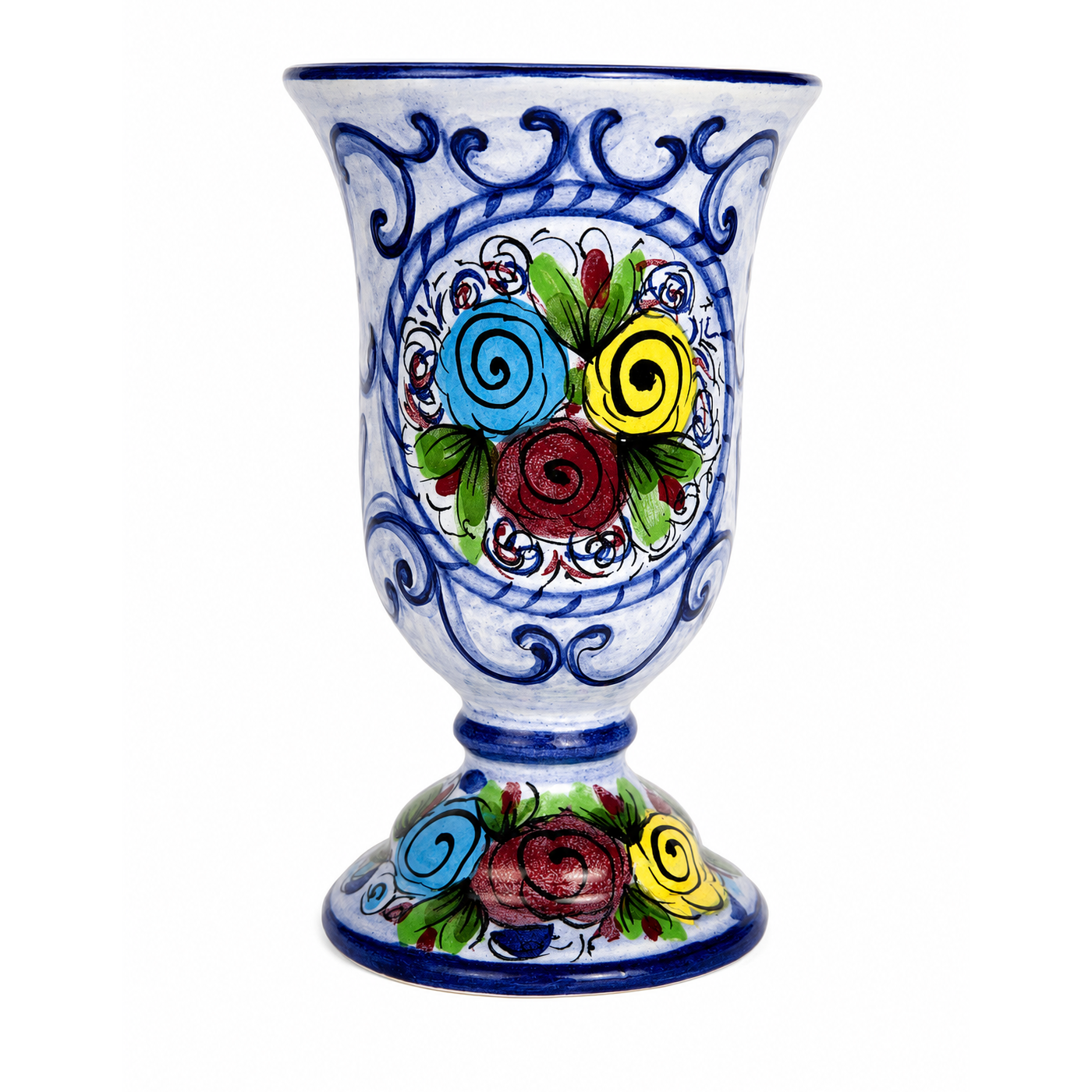 Vintage Portuguese Hand-Painted Pottery Vase, Blue Floral Ceramic. Made in Portugal 1960-80.