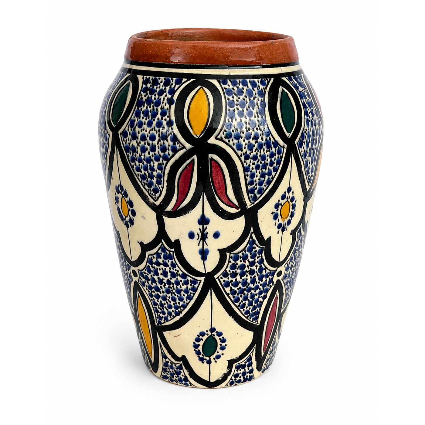 Vintage Hand-Painted Moroccan Safi Pottery Vase, Blue & White Ceramic Signed. Late 20th century